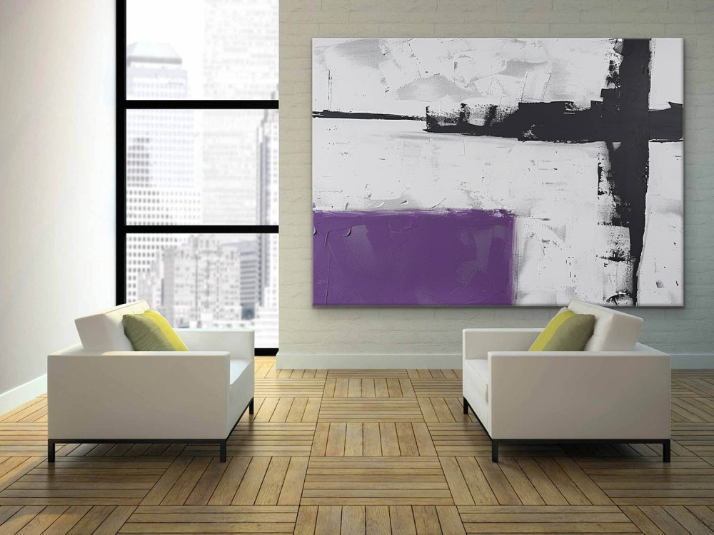Minimalist Abstract Oil Painting – Black, White and Purple Color Block Canvas Art 249AA
