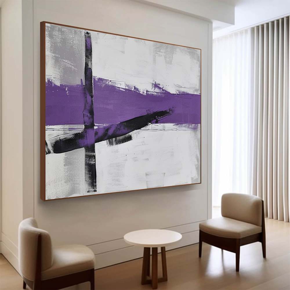 Modern Abstract Geometric Oil Painting – Black and Purple Minimalist Canvas Art 260AA