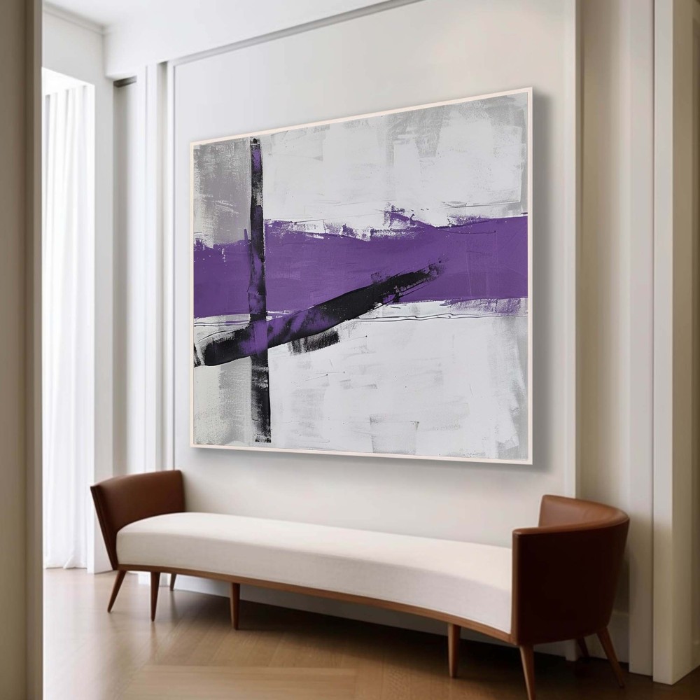 Modern Abstract Geometric Oil Painting – Black and Purple Minimalist Canvas Art 260AA