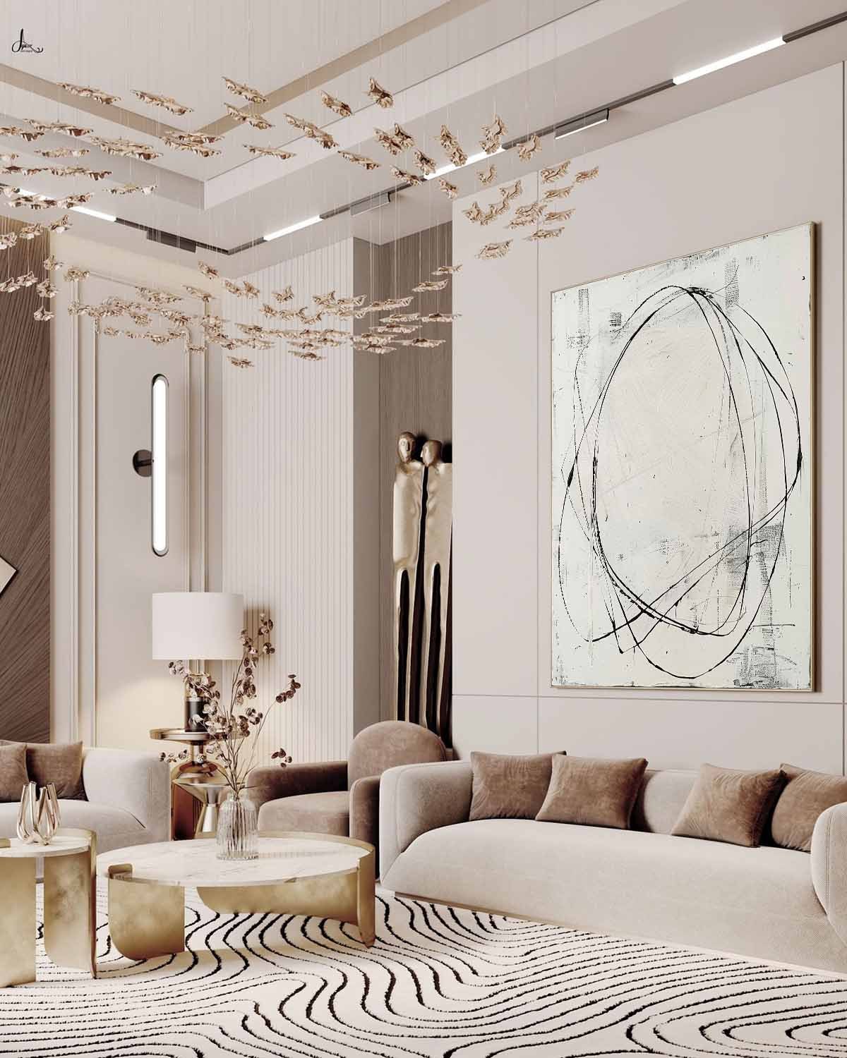 Minimalist Abstract Line Art Oil Painting – Black Circular Strokes on White Canvas 252AA