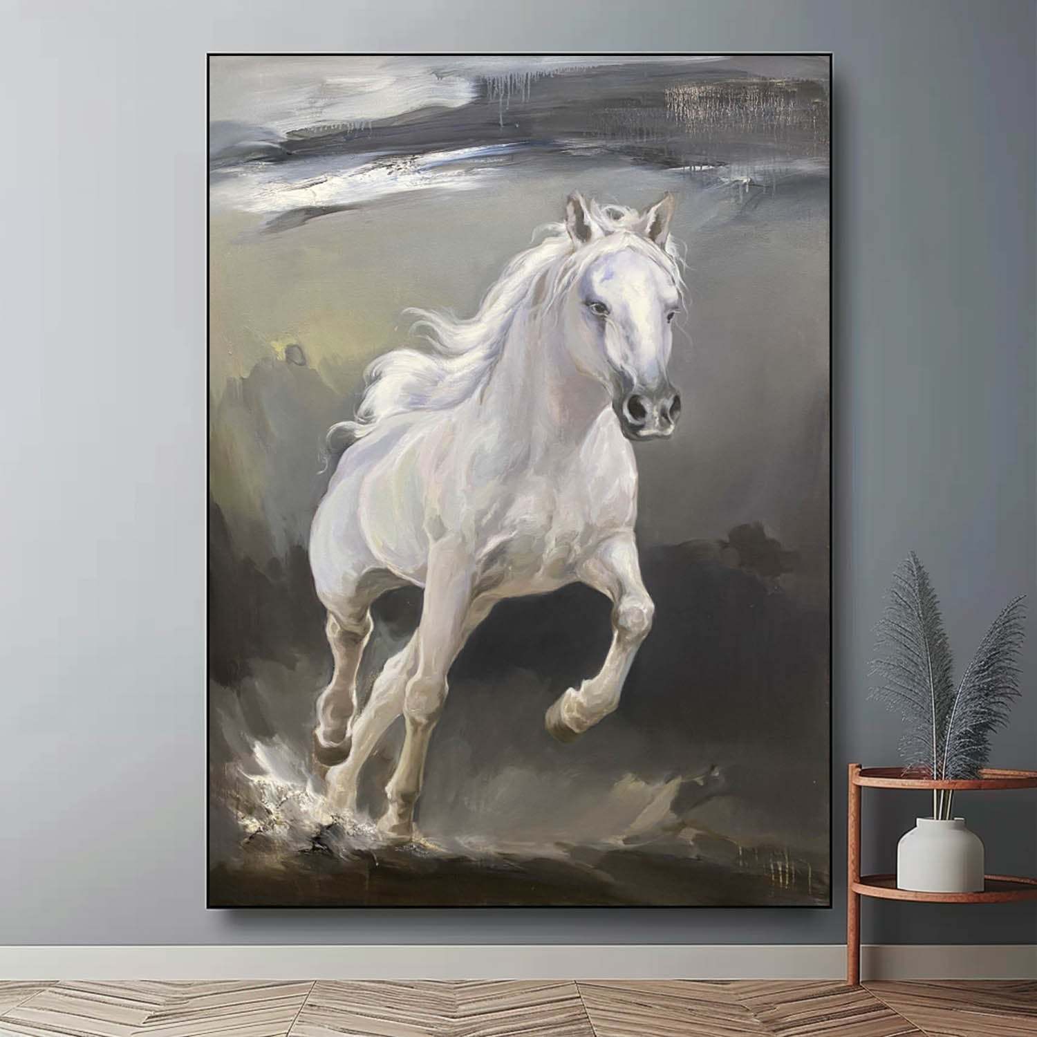 White Horse of Serenity – Hand-Painted Oil Painting Symbolizing Freedom and Grace 284BR