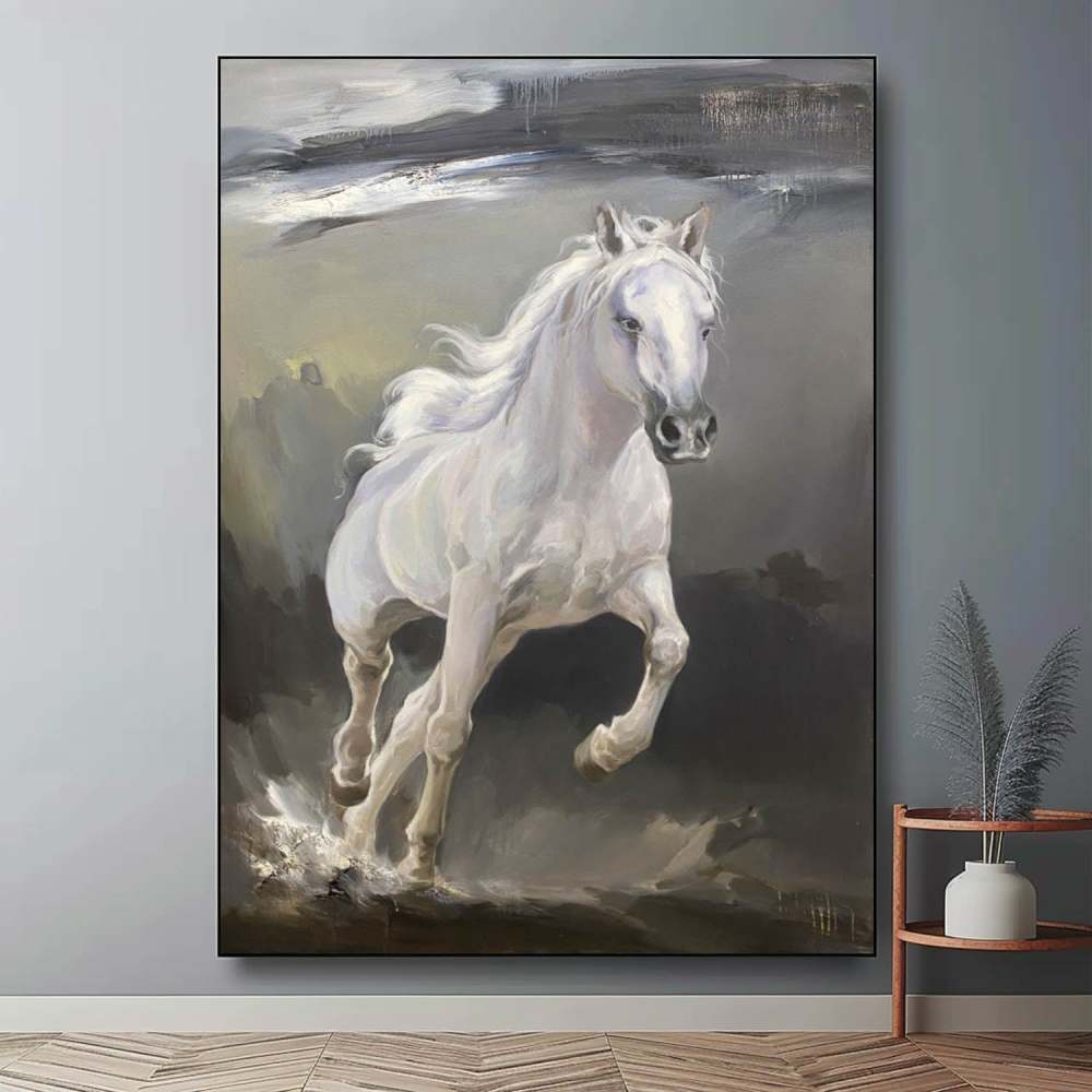 White Horse of Serenity – Hand-Painted Oil Painting Symbolizing Freedom and Grace 284BR