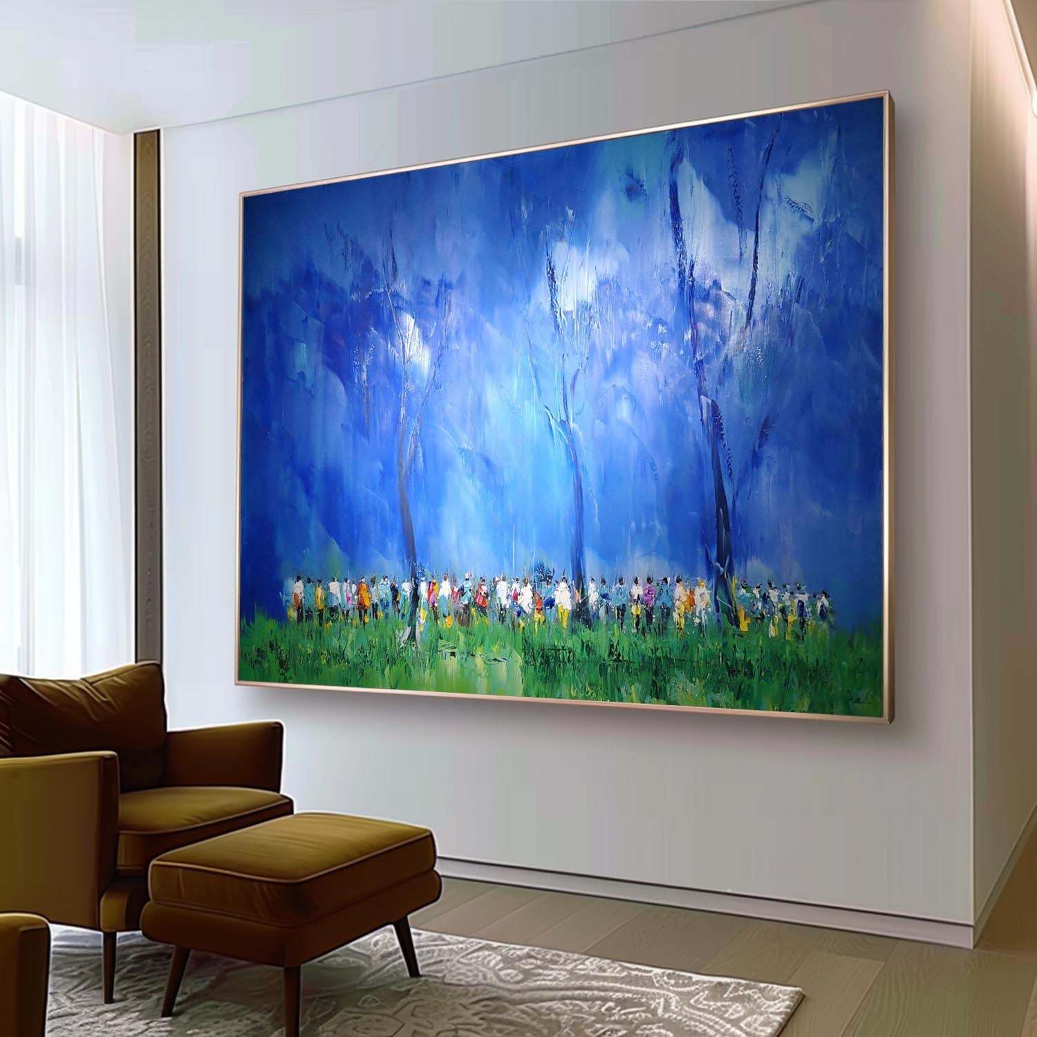Blue Forest Crowd – Hand-Painted Impressionist Landscape Oil Painting on Canvas 269BR