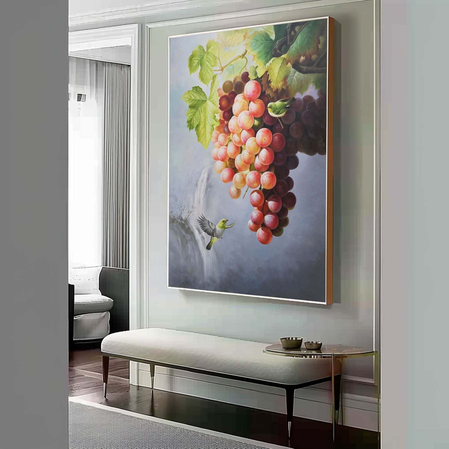 Bird and Grape Oil Painting – Hand-Painted Realism Artwork with Nature Scene 287R