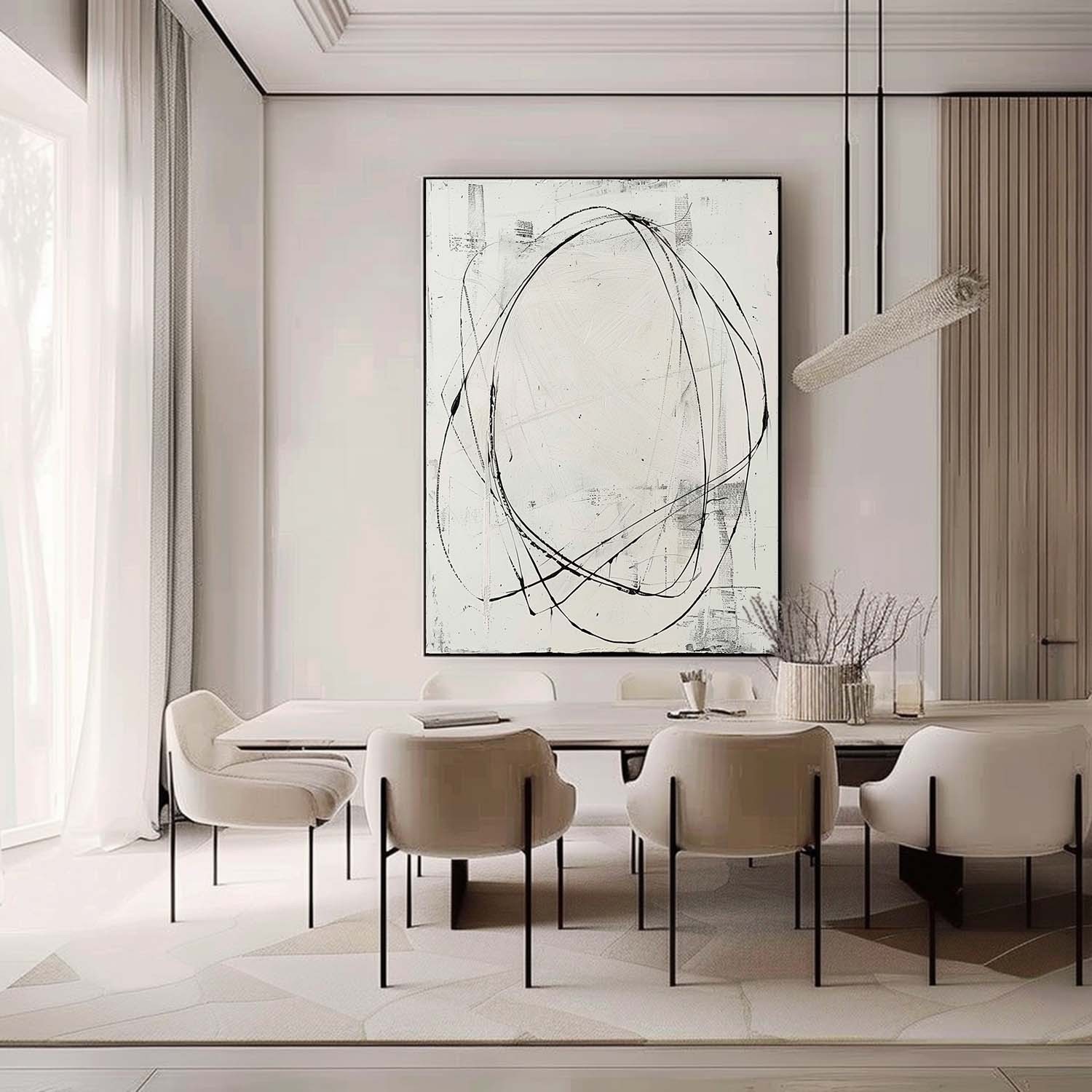 Minimalist Abstract Line Art Oil Painting – Black Circular Strokes on White Canvas 252AA
