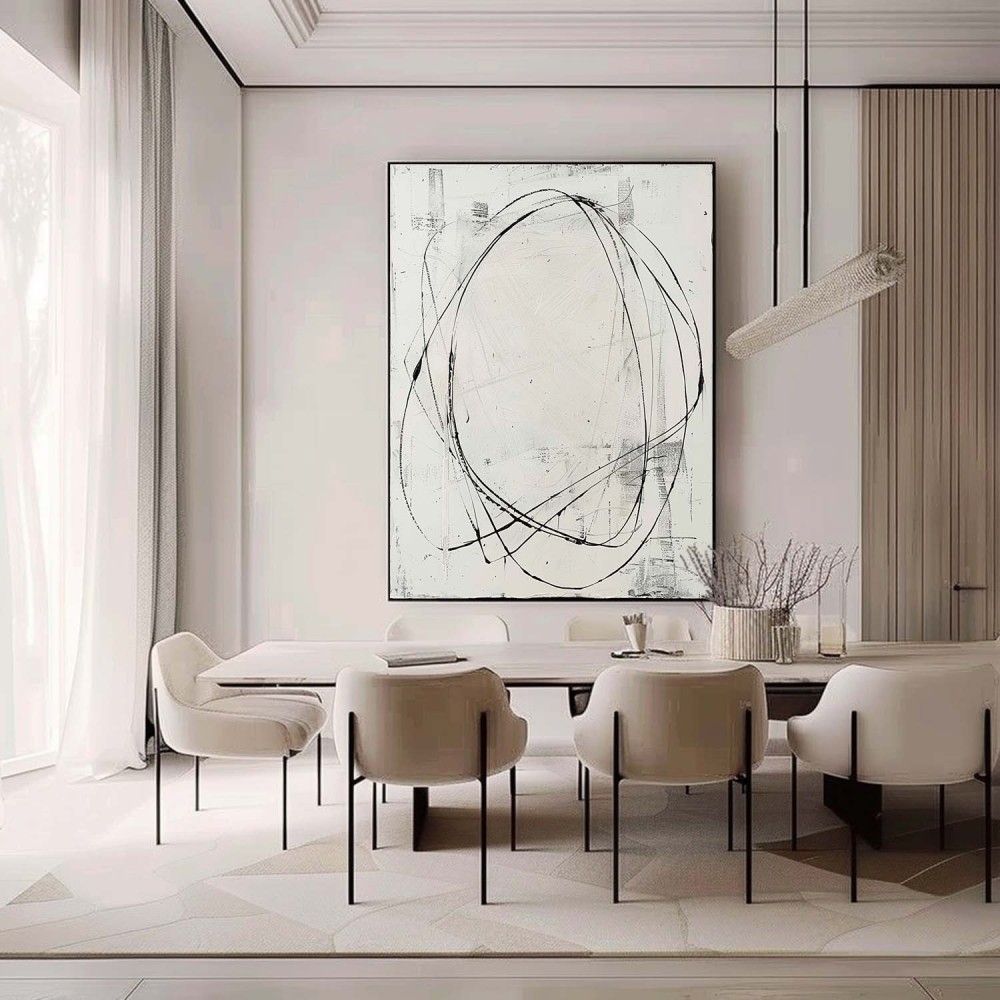 Minimalist Abstract Line Art Oil Painting – Black Circular Strokes on White Canvas 252AA