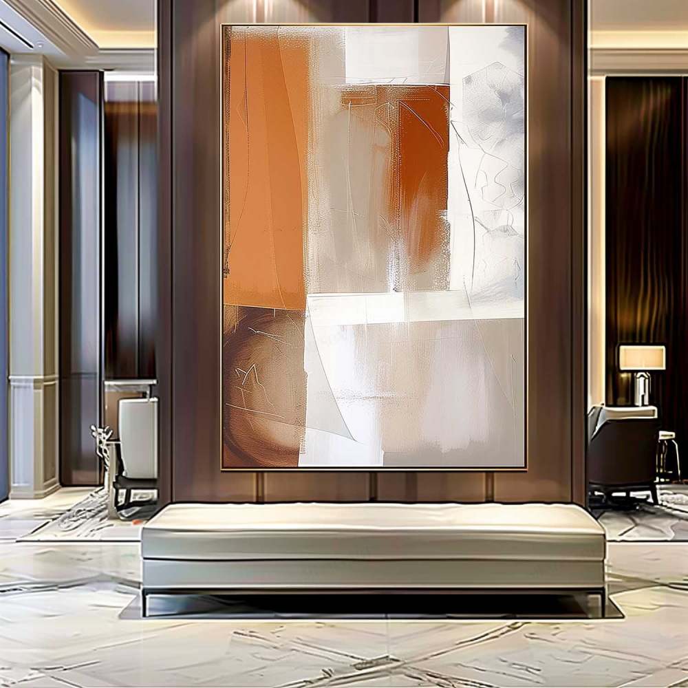 Modern Abstract Oil Painting – Brown, Beige and White Geometric Canvas Art 258AA