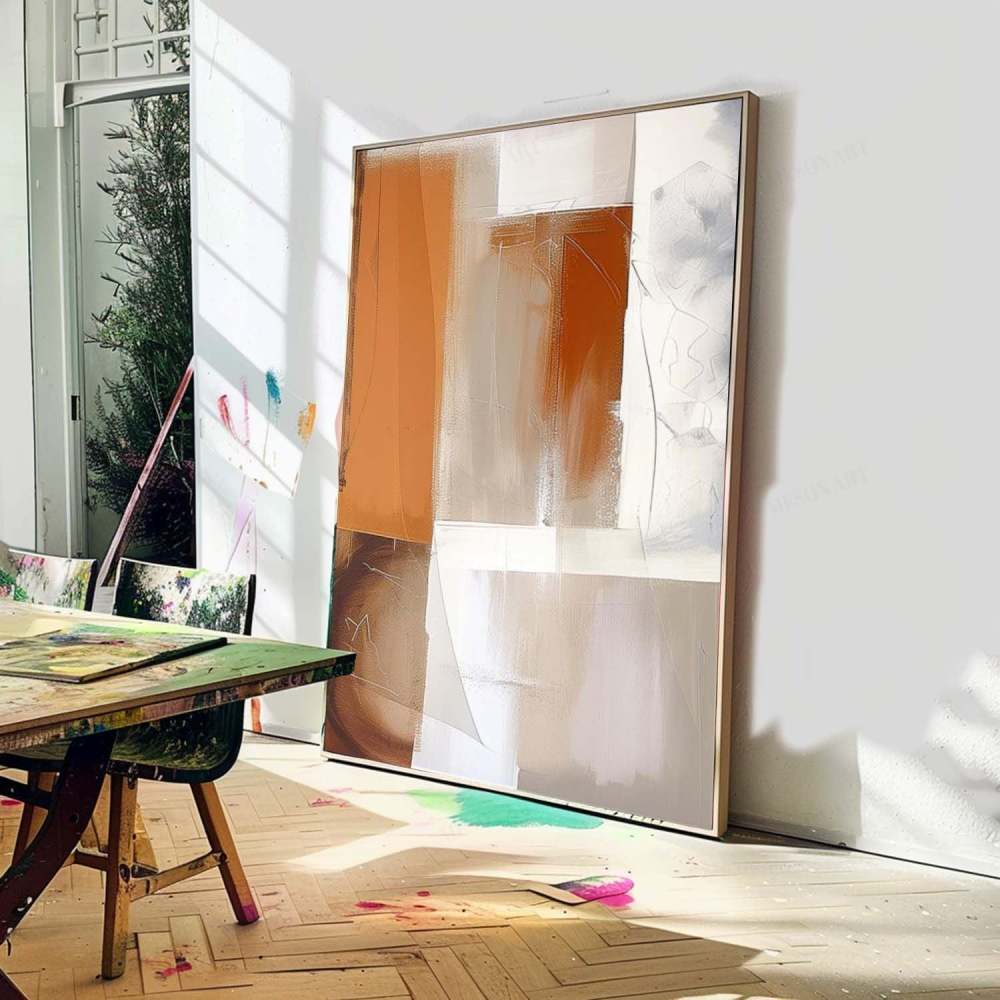 Modern Abstract Oil Painting – Brown, Beige and White Geometric Canvas Art 258AA