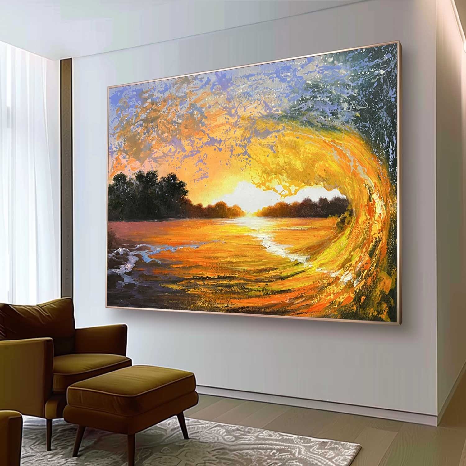 Golden Sunset Wave – Hand-Painted Seascape Oil Painting on Canvas 278BR