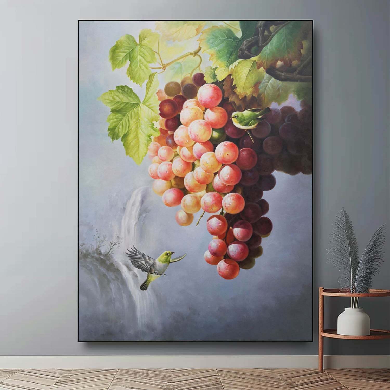 Bird and Grape Oil Painting – Hand-Painted Realism Artwork with Nature Scene 287R