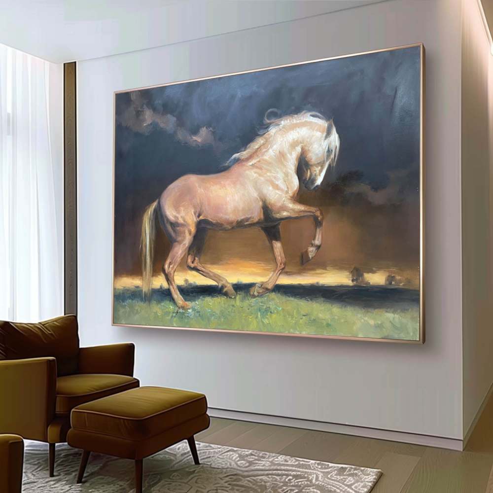 Golden Horse at Sunset – Hand-Painted Oil Painting of Strength and Elegance 281BR