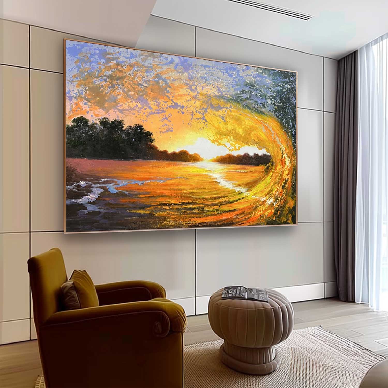 Golden Sunset Wave – Hand-Painted Seascape Oil Painting on Canvas 278BR
