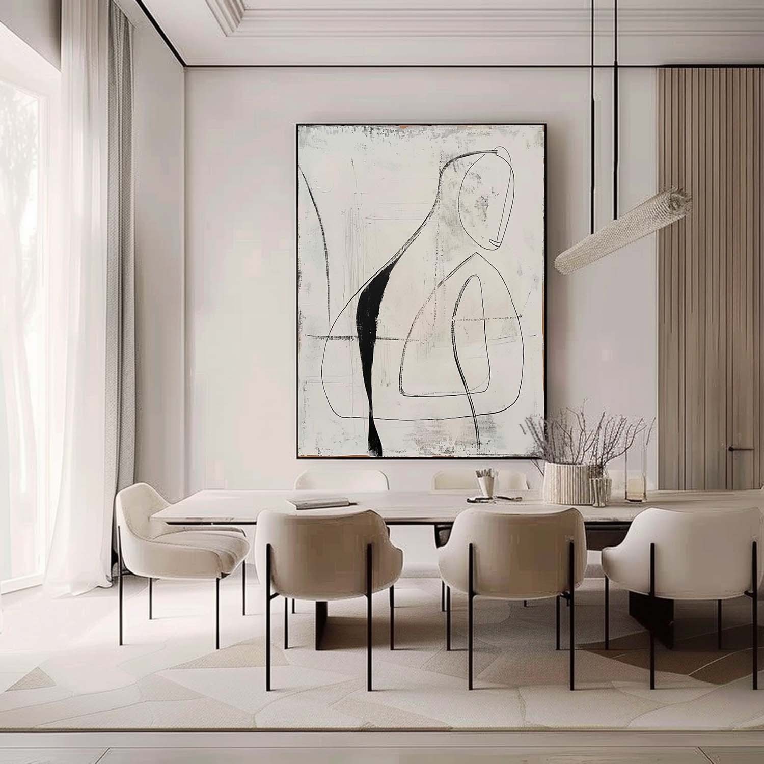 Minimalist Line Art Abstract Oil Painting – Black and White Figurative Canvas 250AA