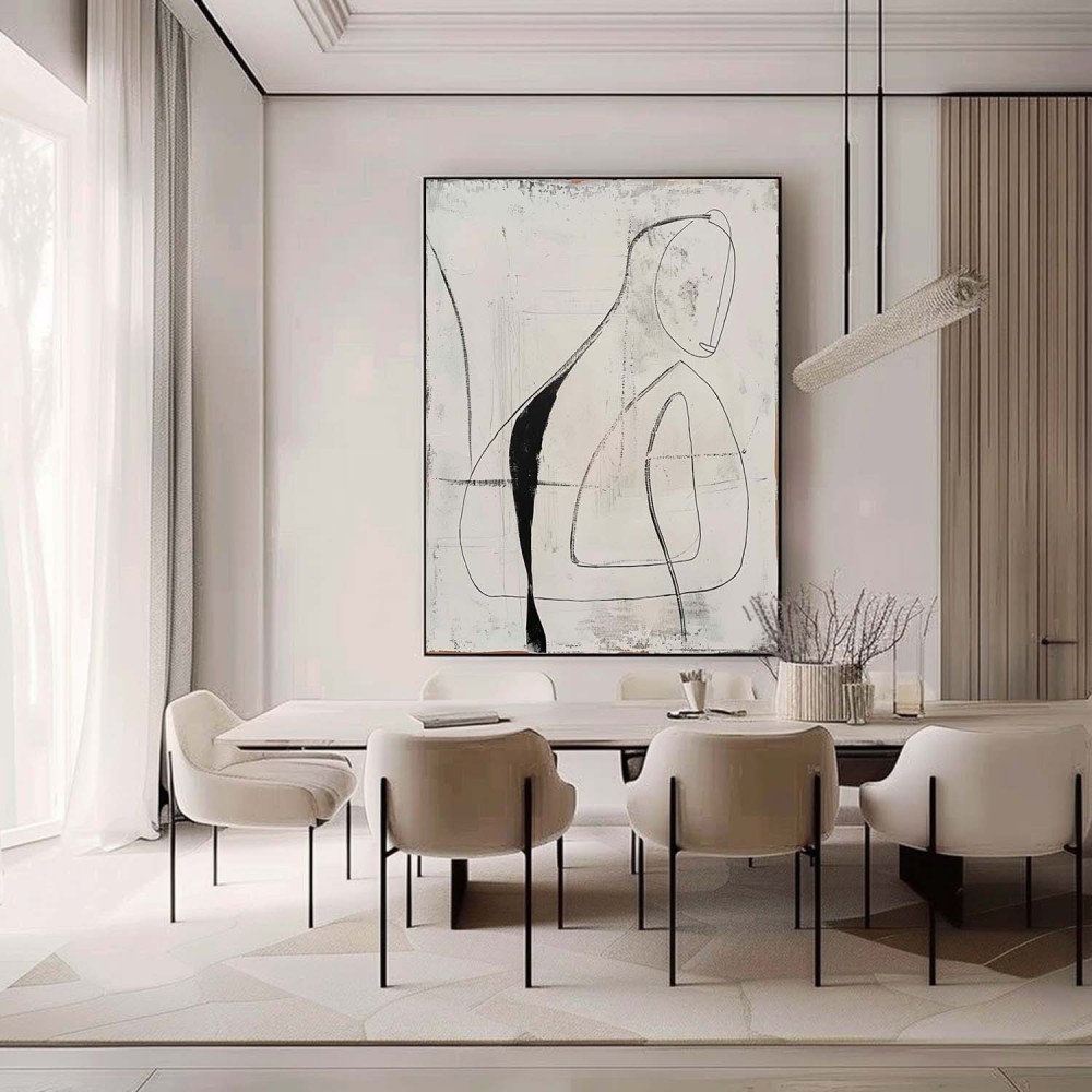 Minimalist Line Art Abstract Oil Painting – Black and White Figurative Canvas 250AA