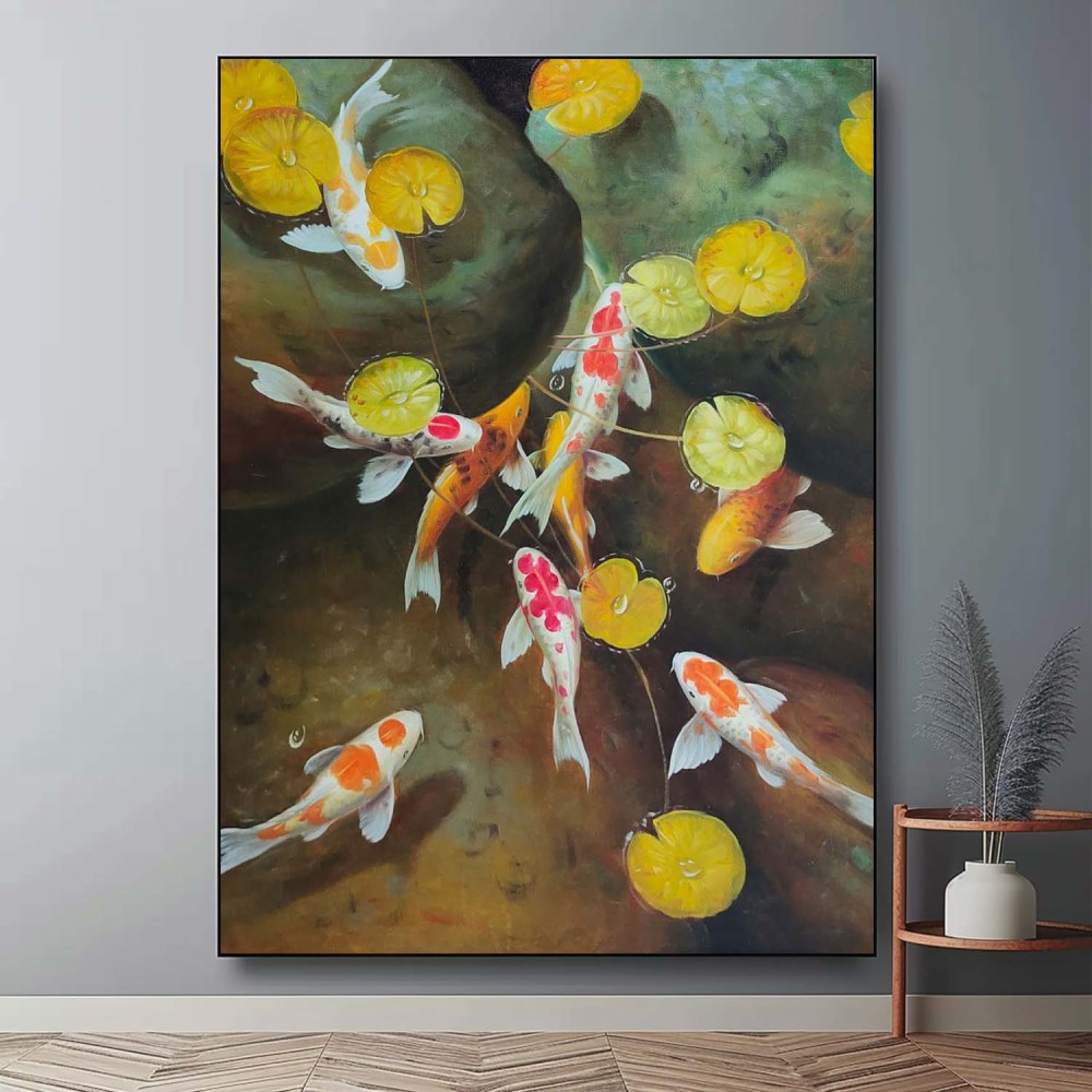 Koi Fish and Lotus Leaves – Hand-Painted Oil Painting Symbolizing Luck and Prosperity 279BR