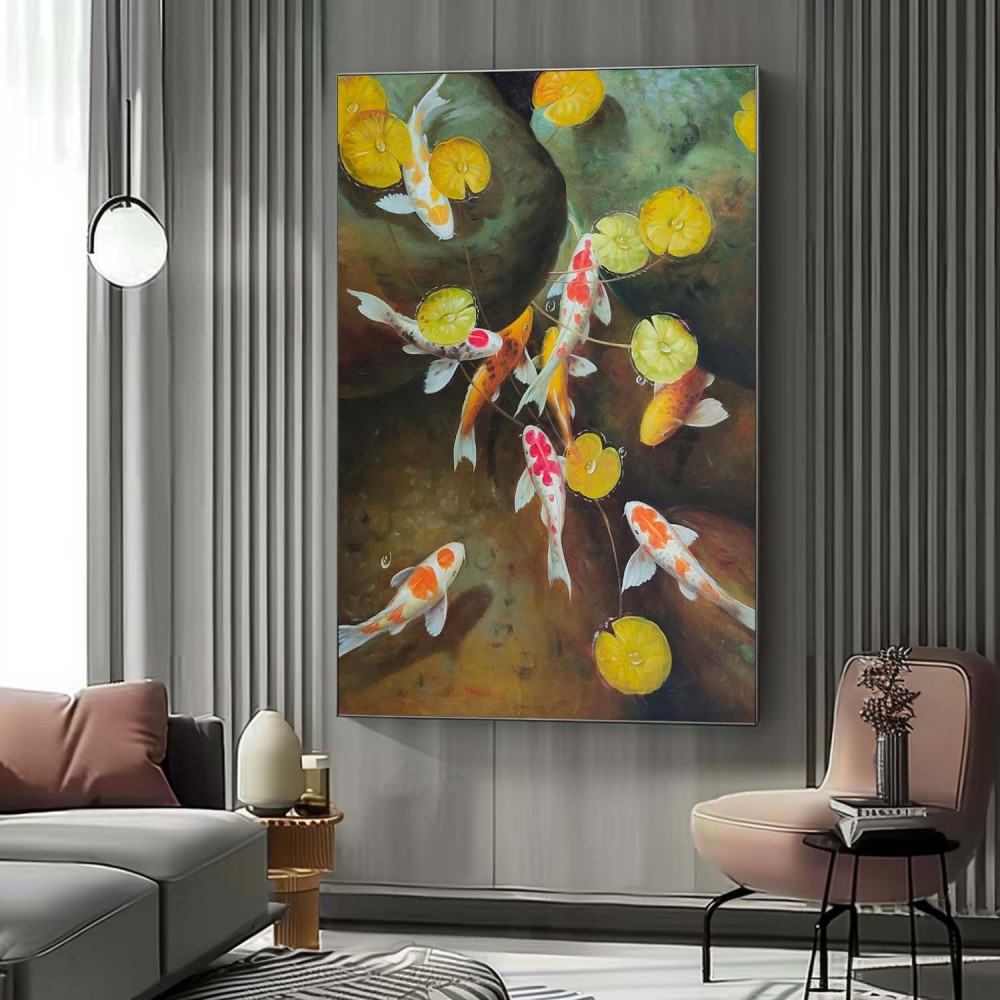 Koi Fish and Lotus Leaves – Hand-Painted Oil Painting Symbolizing Luck and Prosperity 279BR