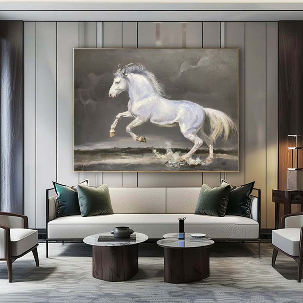 White Horse Running – Hand-Painted Animal Oil Painting Symbolizing Power and Freedom 280BR