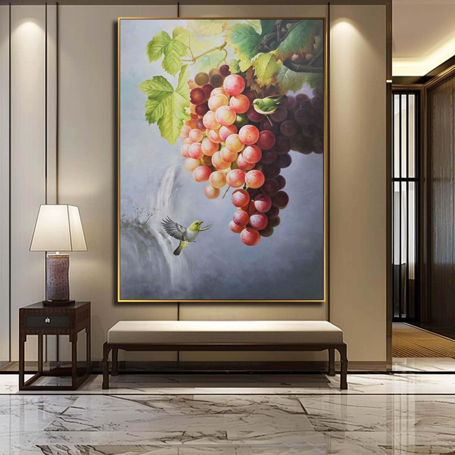 Bird and Grape Oil Painting – Hand-Painted Realism Artwork with Nature Scene 287R