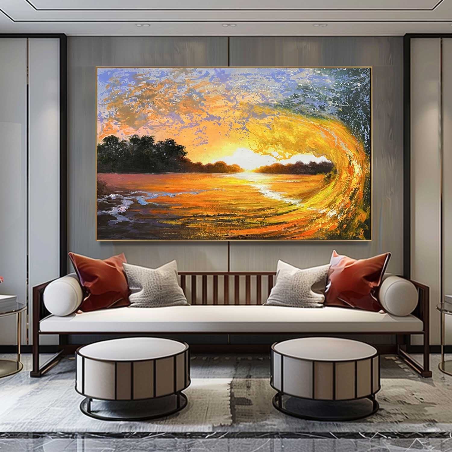 Golden Sunset Wave – Hand-Painted Seascape Oil Painting on Canvas 278BR