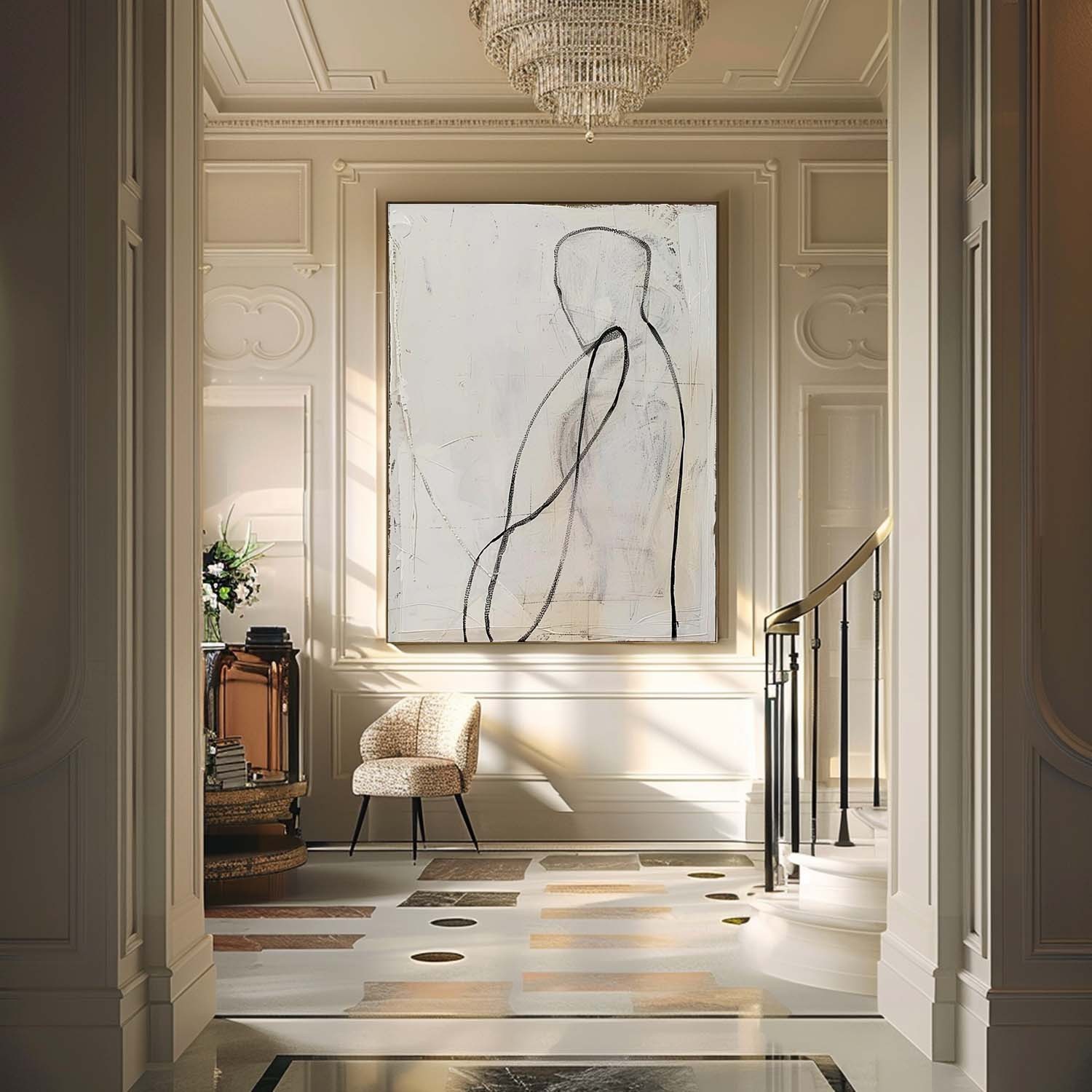 Minimalist Figurative Line Art Oil Painting – Black and White Abstract Canvas 253AA