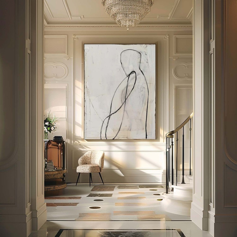 Minimalist Figurative Line Art Oil Painting – Black and White Abstract Canvas 253AA