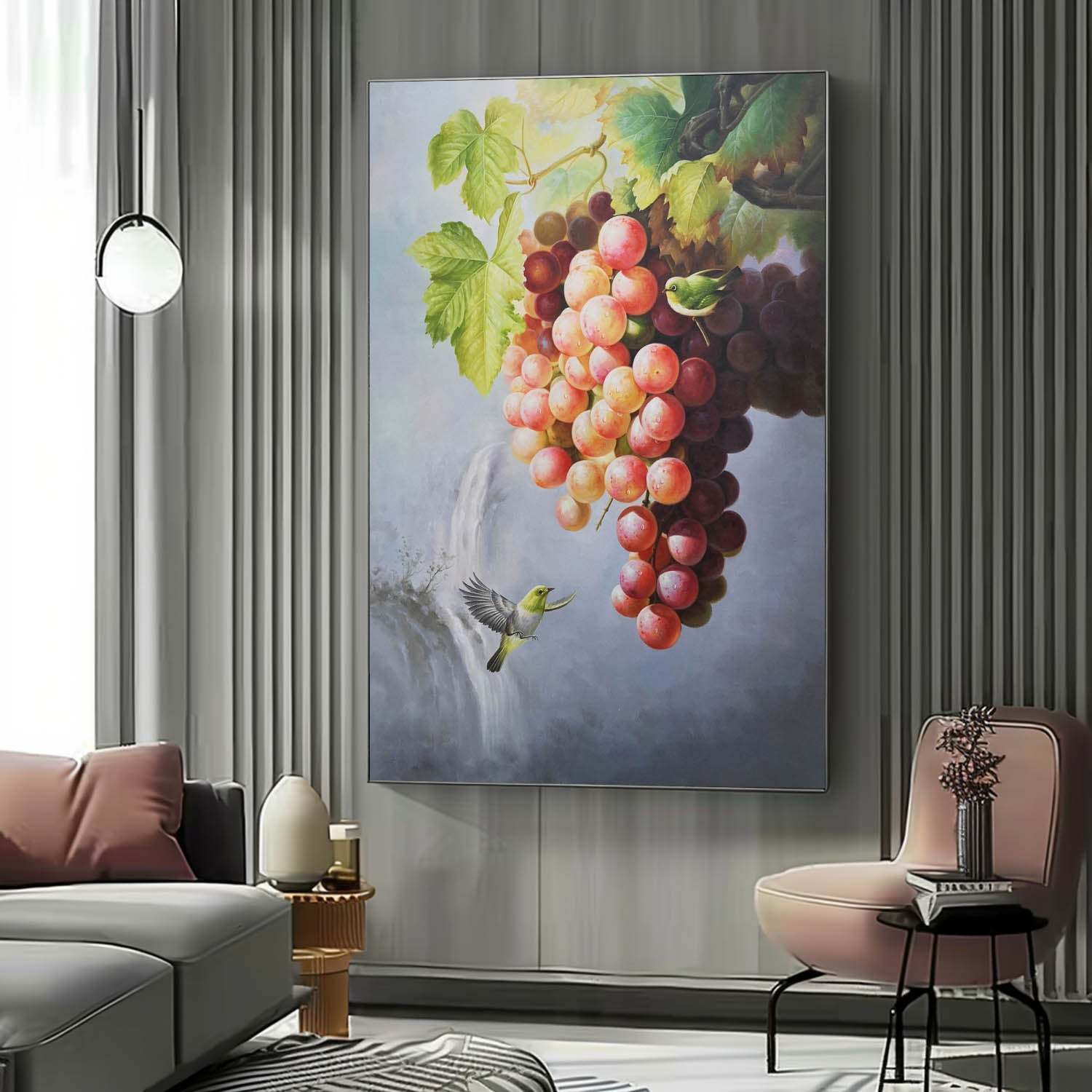 Bird and Grape Oil Painting – Hand-Painted Realism Artwork with Nature Scene 287R