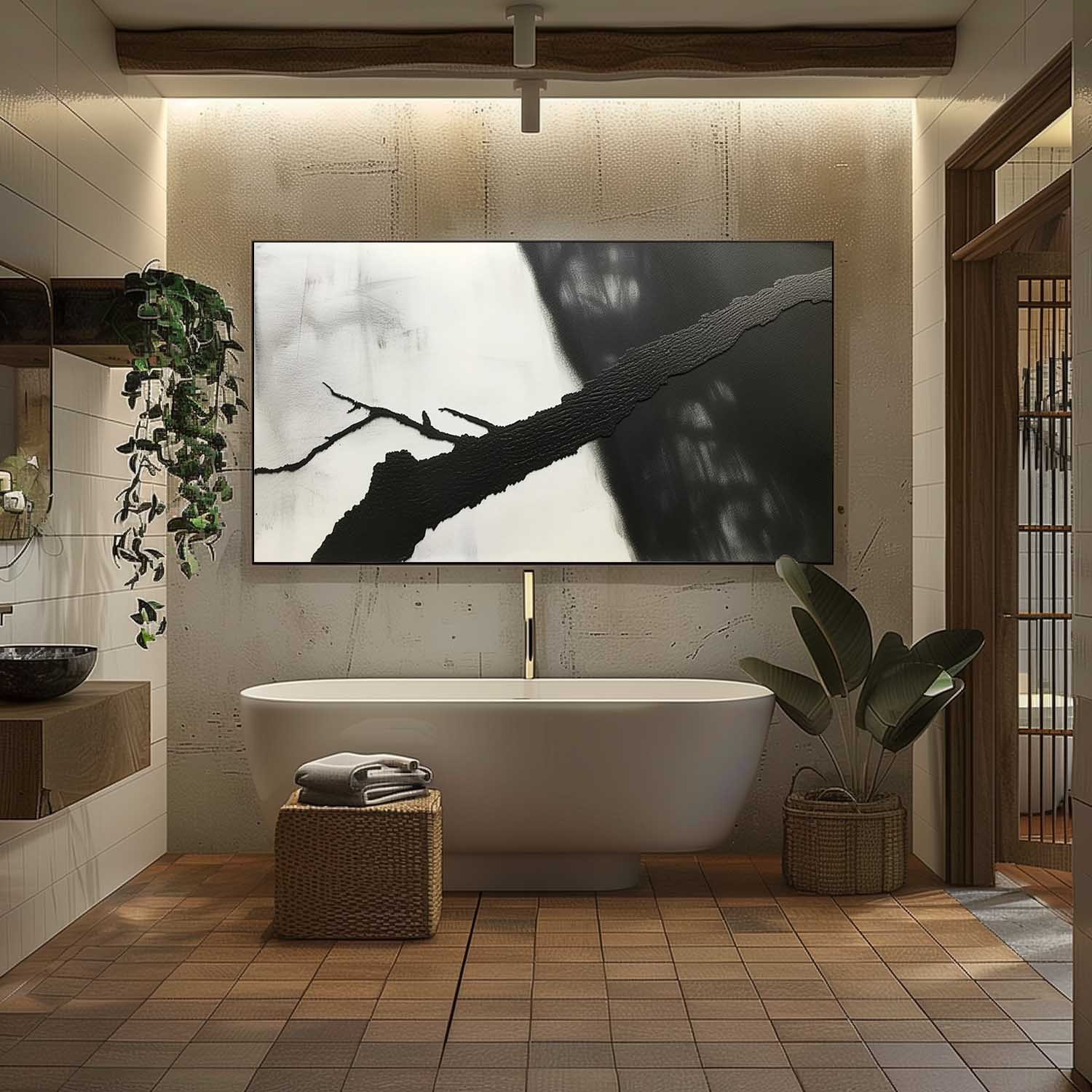 Minimalist Abstract Oil Painting – Black and White Textured Canvas Wall Art 251AA