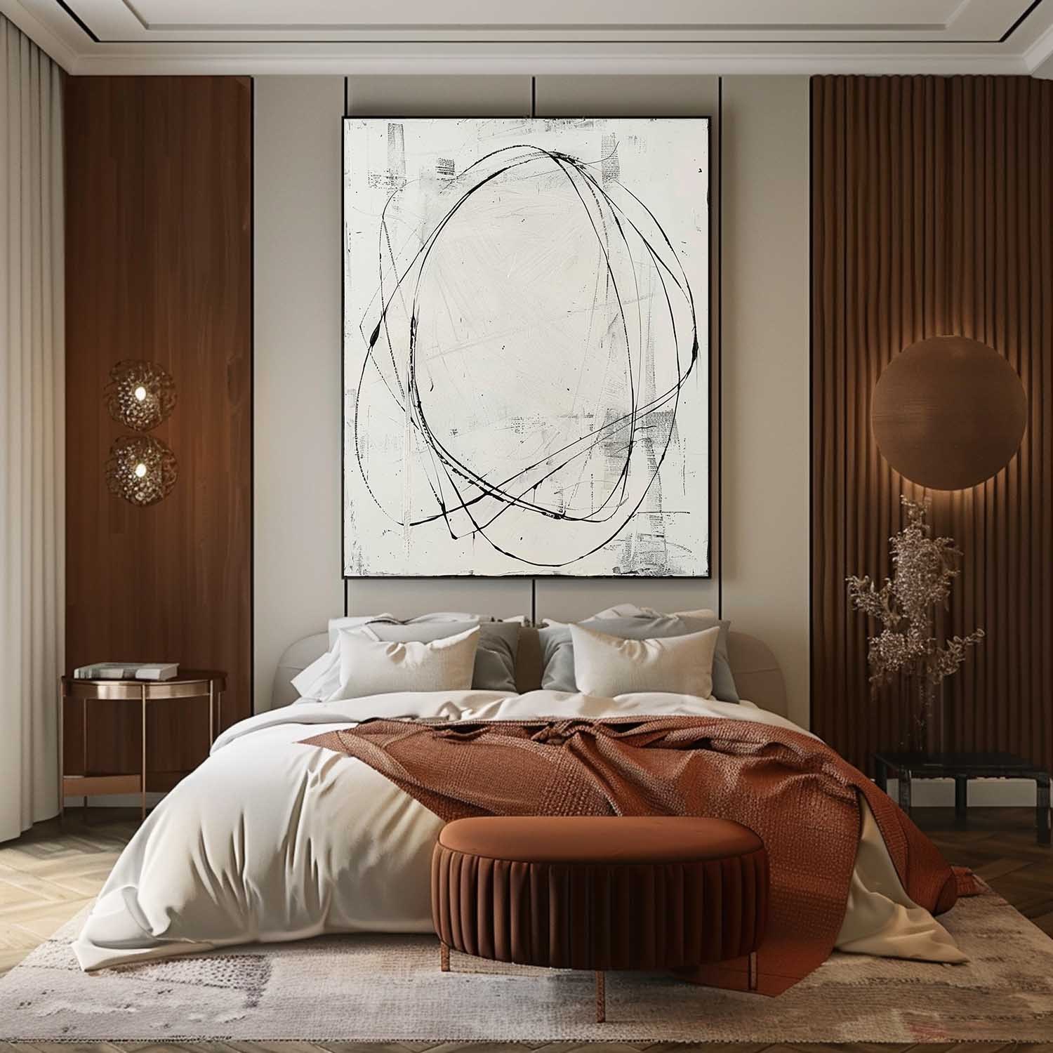 Minimalist Abstract Line Art Oil Painting – Black Circular Strokes on White Canvas 252AA