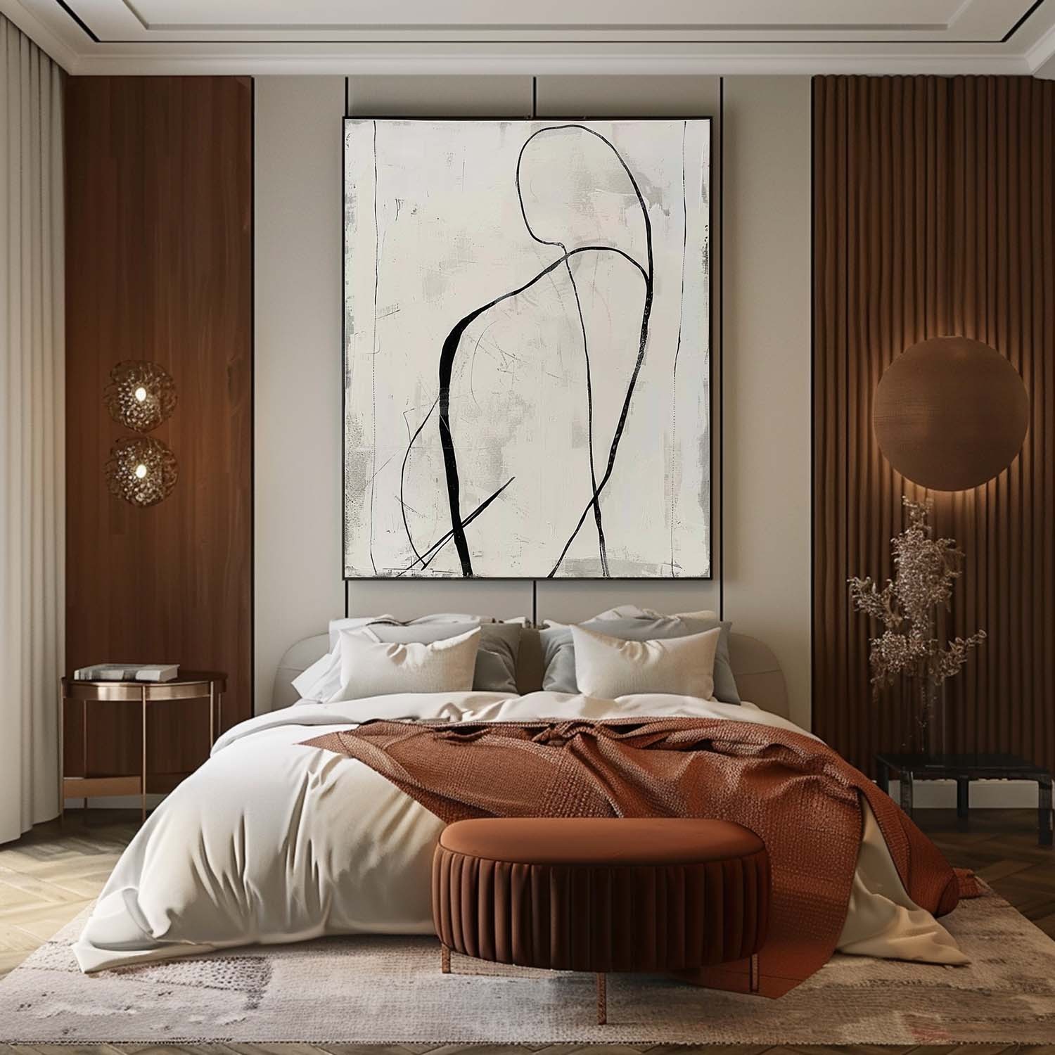 Minimalist Figurative Line Art Oil Painting – Abstract Black and White Human Form Canvas 255AA