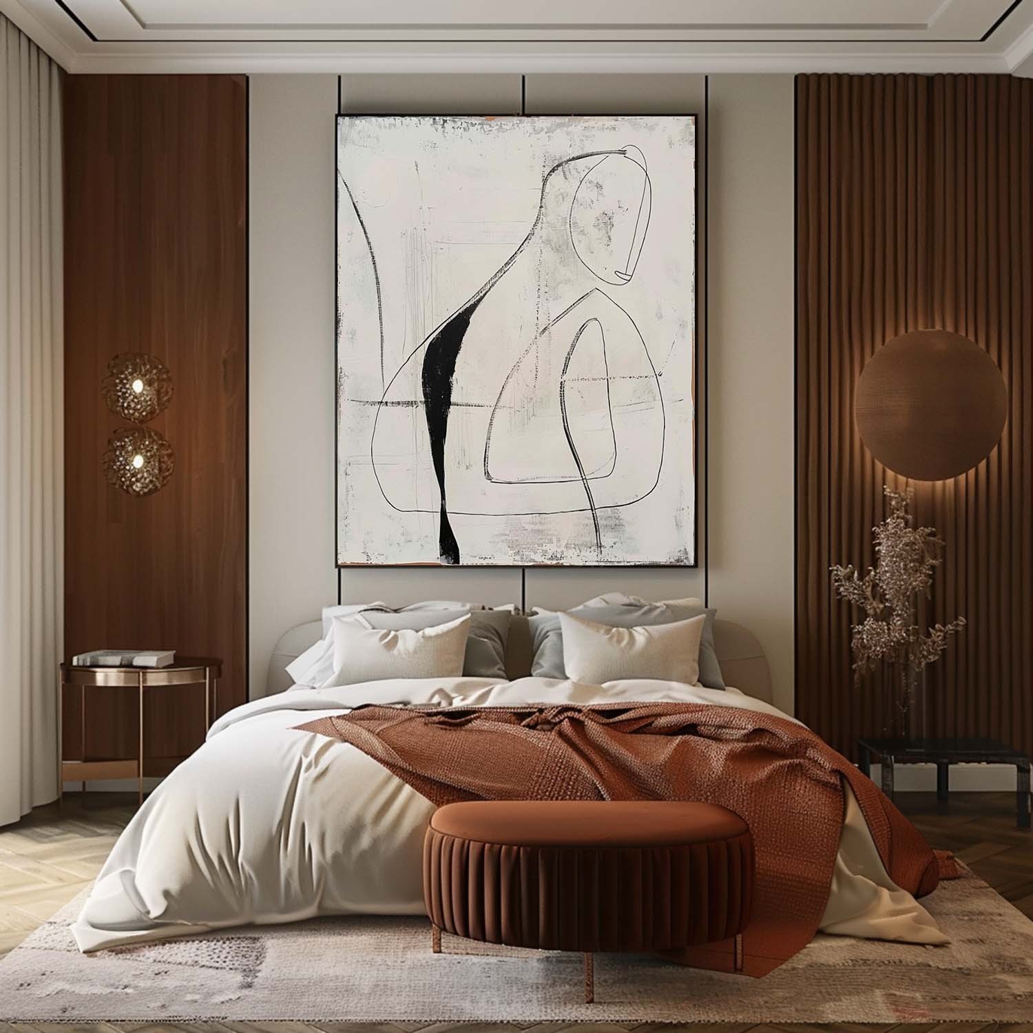 Minimalist Line Art Abstract Oil Painting – Black and White Figurative Canvas 250AA