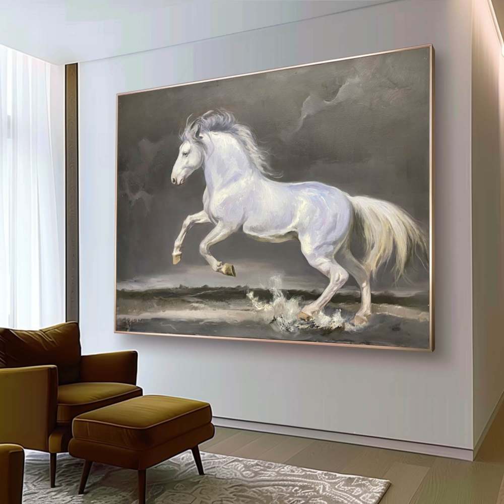 White Horse Running – Hand-Painted Animal Oil Painting Symbolizing Power and Freedom 280BR