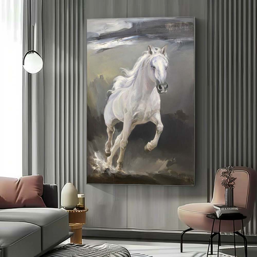 White Horse of Serenity – Hand-Painted Oil Painting Symbolizing Freedom and Grace 284BR
