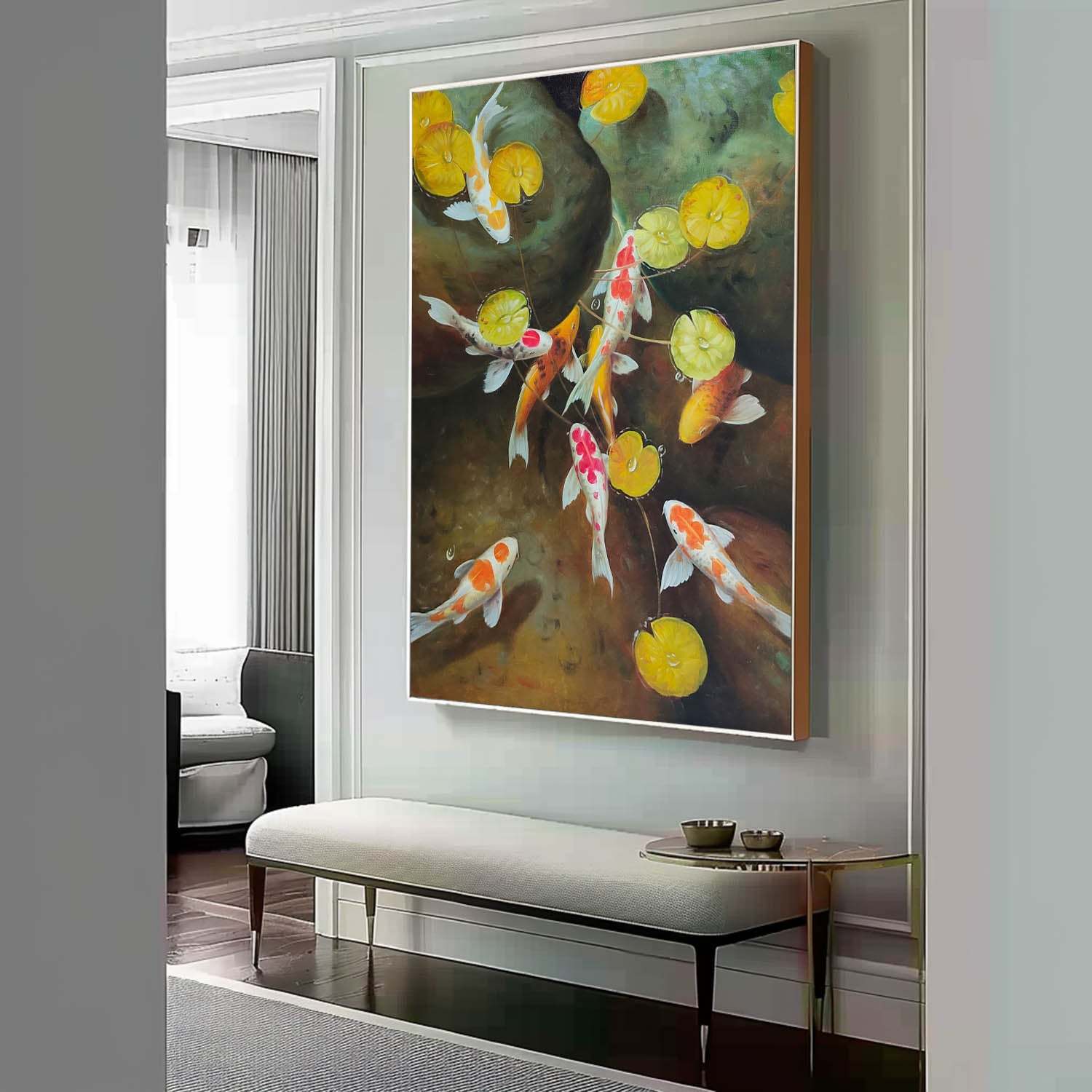 Koi Fish and Lotus Leaves – Hand-Painted Oil Painting Symbolizing Luck and Prosperity 279BR
