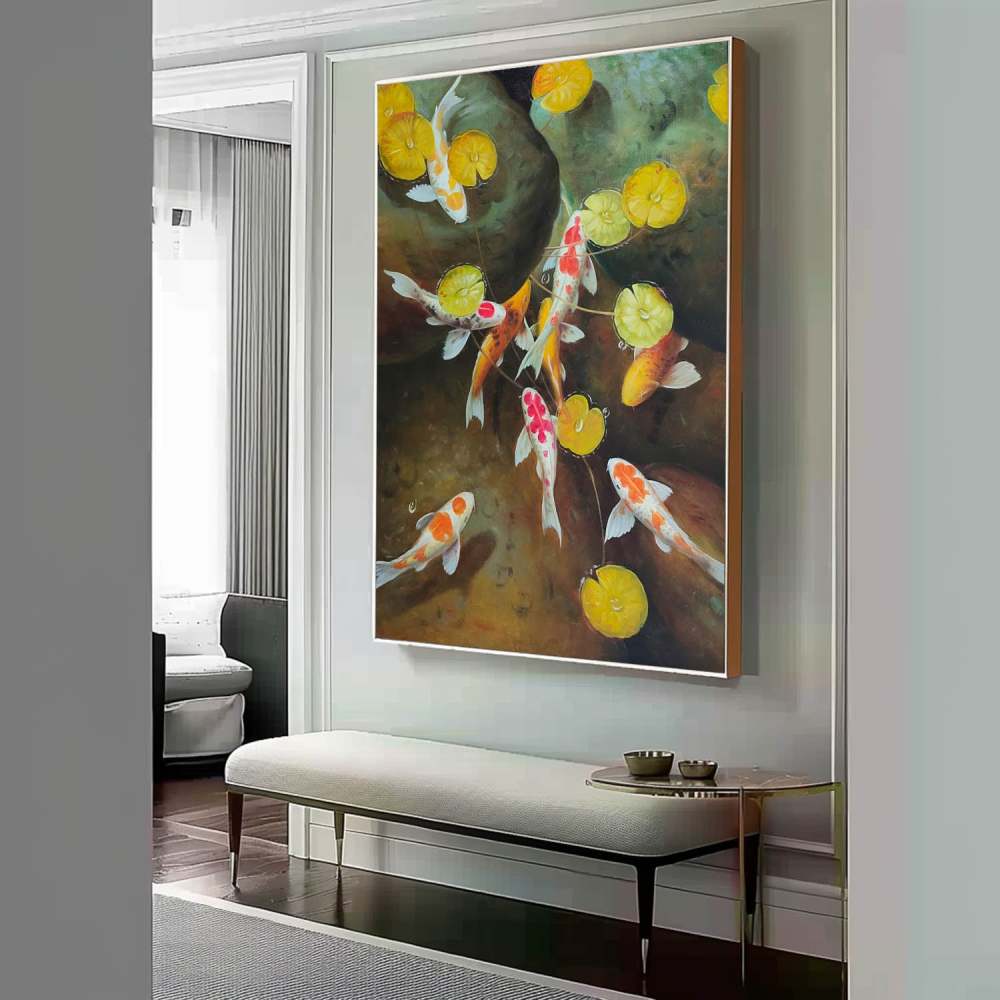 Koi Fish and Lotus Leaves – Hand-Painted Oil Painting Symbolizing Luck and Prosperity 279BR