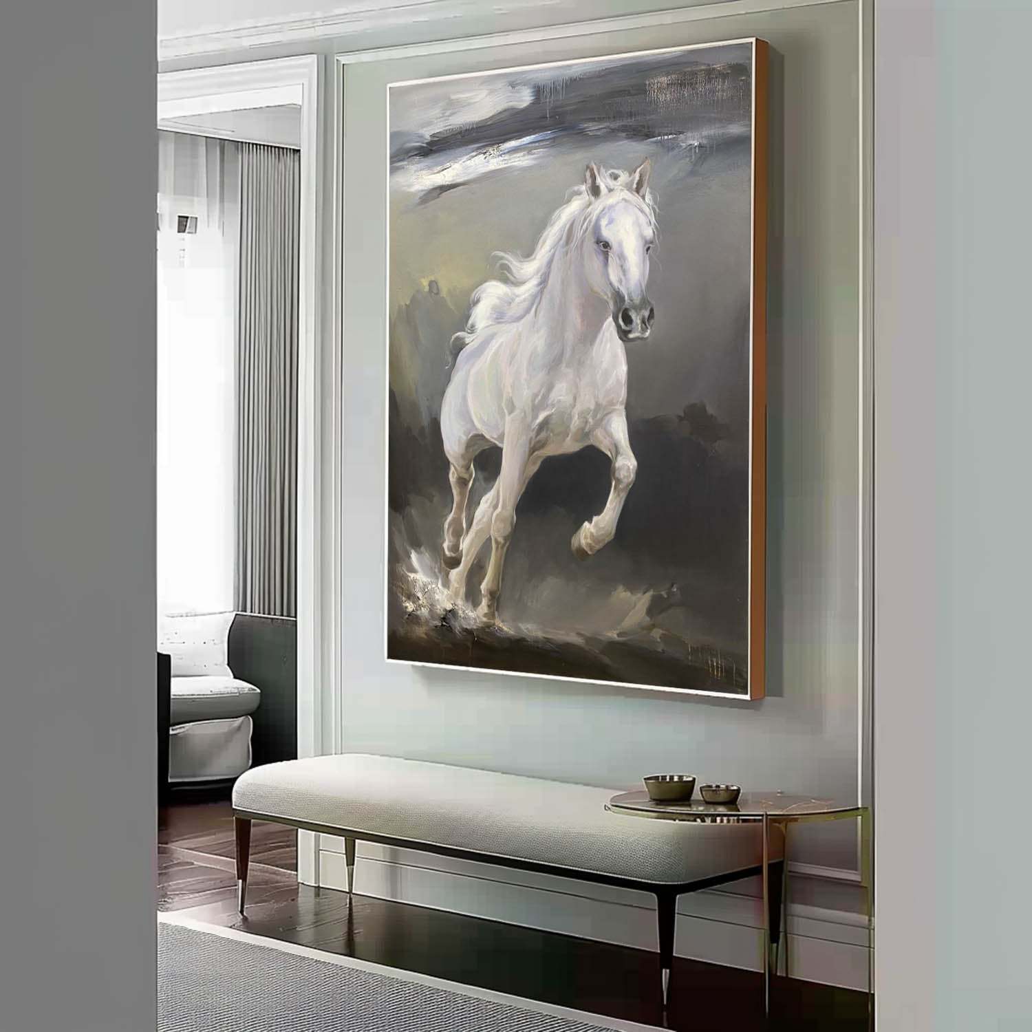 White Horse of Serenity – Hand-Painted Oil Painting Symbolizing Freedom and Grace 284BR