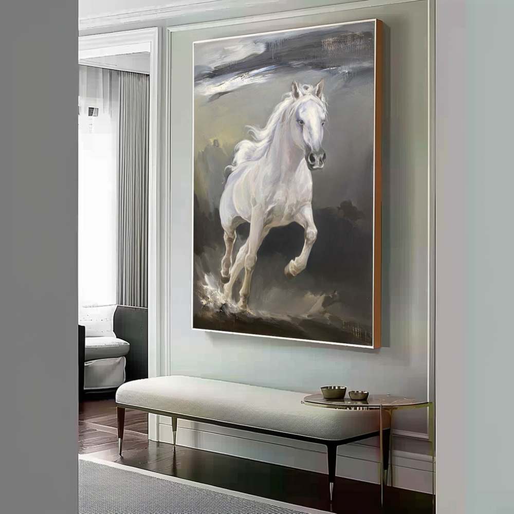 White Horse of Serenity – Hand-Painted Oil Painting Symbolizing Freedom and Grace 284BR