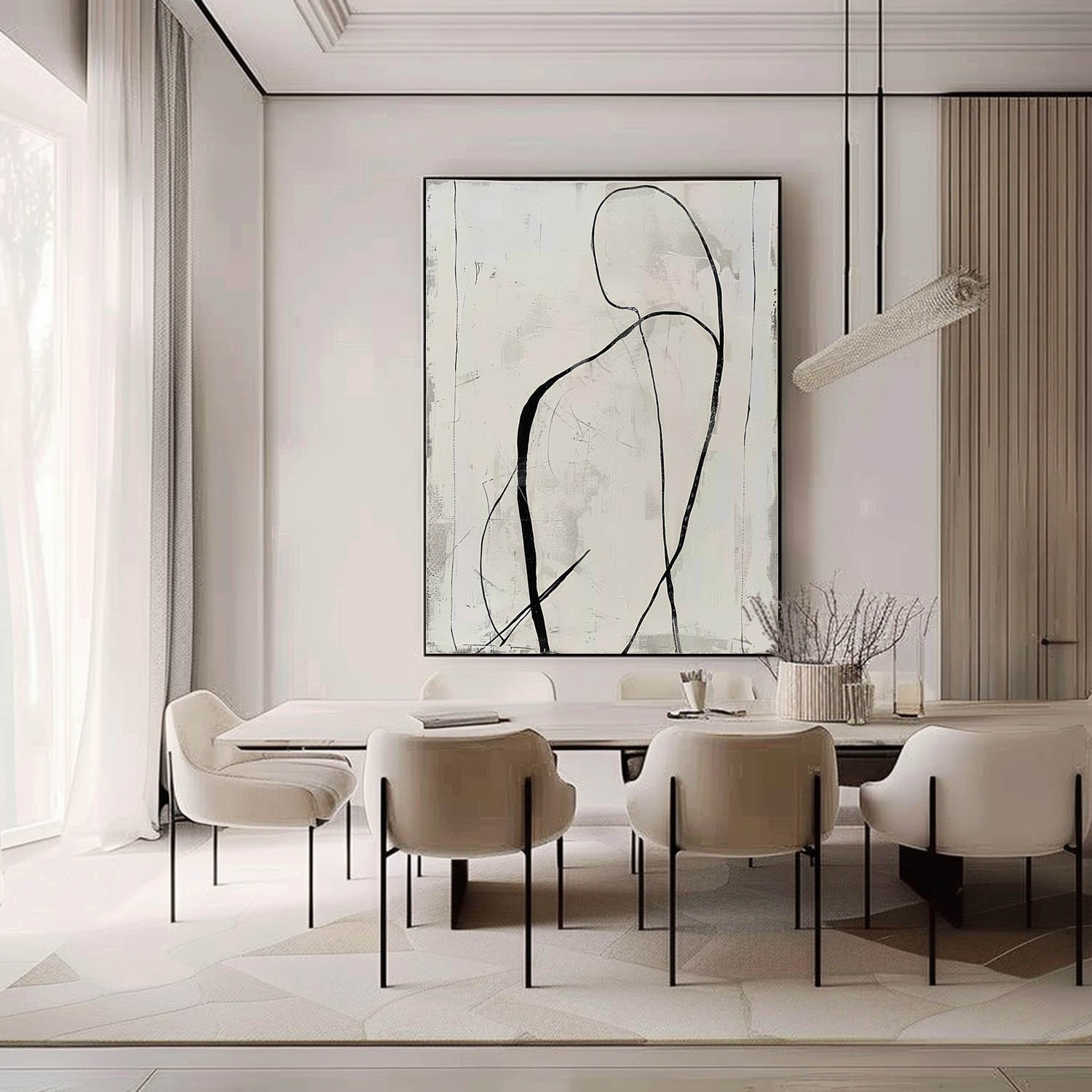 Minimalist Figurative Line Art Oil Painting – Abstract Black and White Human Form Canvas 255AA