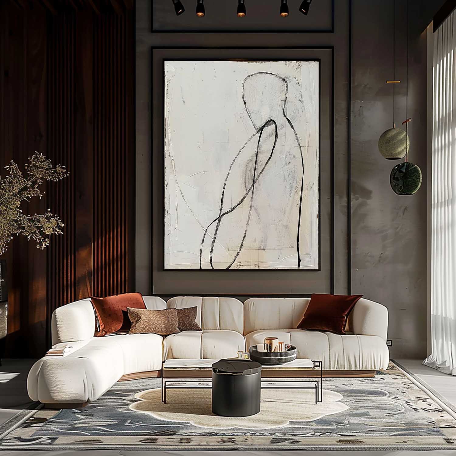 Minimalist Figurative Line Art Oil Painting – Black and White Abstract Canvas 253AA