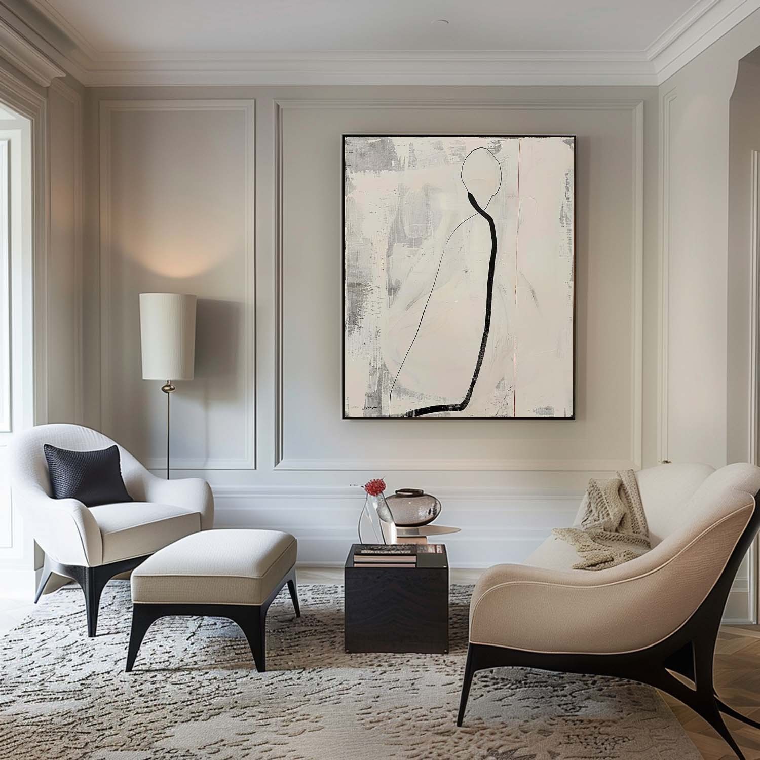 Minimalist Figurative Line Art Oil Painting – Black and White Abstract Canvas 253AA