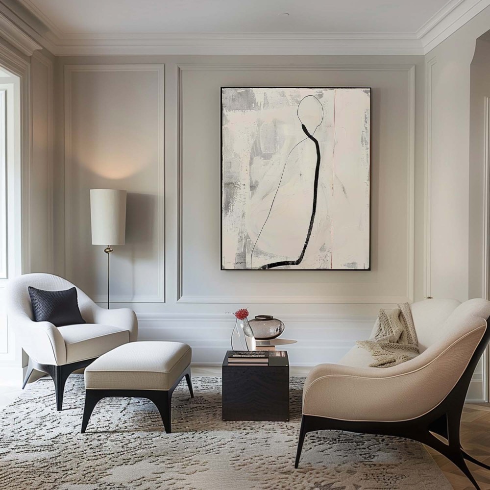 Minimalist Figurative Line Art Oil Painting – Black and White Abstract Canvas 253AA