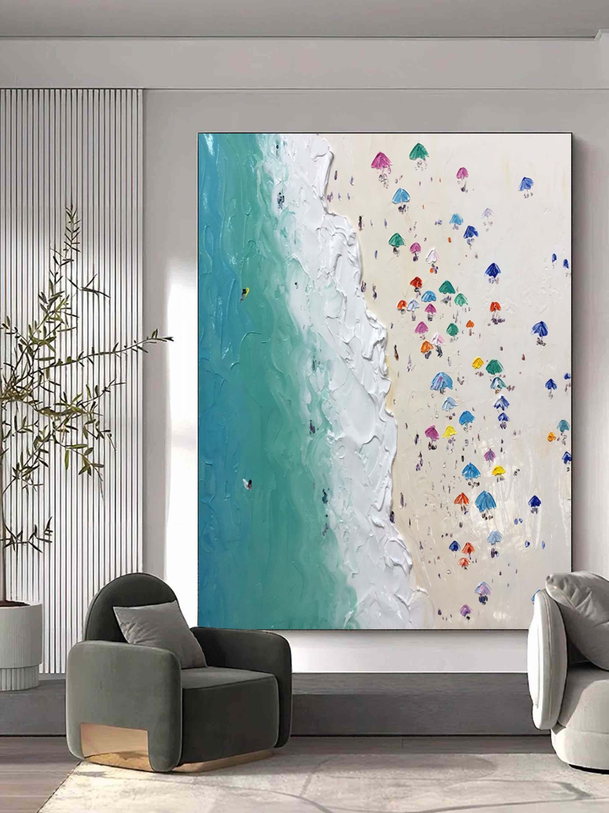 Aerial Beach Umbrella Textured Abstract Oil Painting on Canvas 301BR
