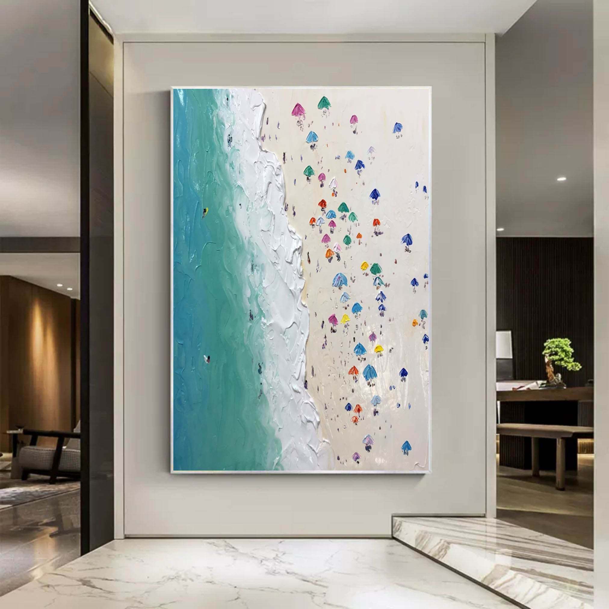 Aerial Beach Umbrella Textured Abstract Oil Painting on Canvas 301BR