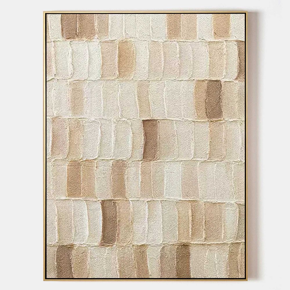 Beige Textured Abstract Geometric Oil Painting on Canvas 307AA