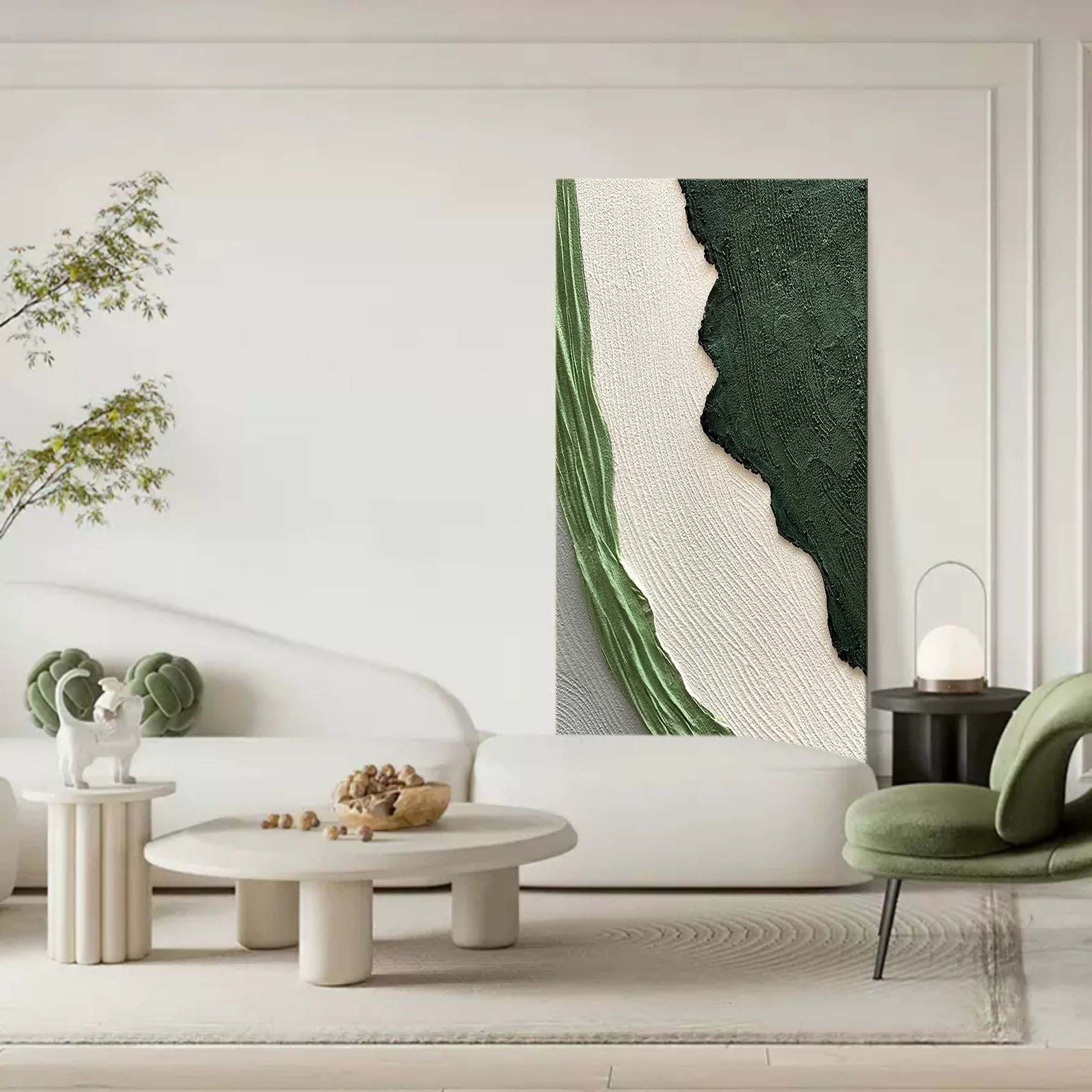 Green and White Textured Abstract Oil Painting on Canvas 293AA