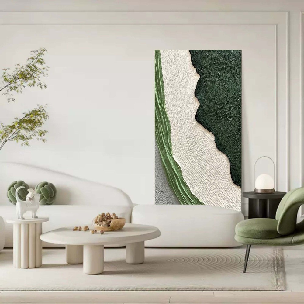 Green and White Textured Abstract Oil Painting on Canvas 293AA
