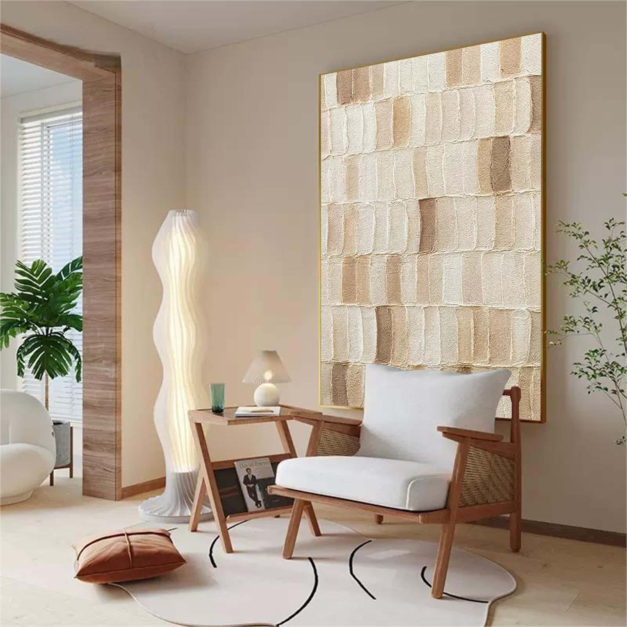 Beige Textured Abstract Geometric Oil Painting on Canvas 307AA