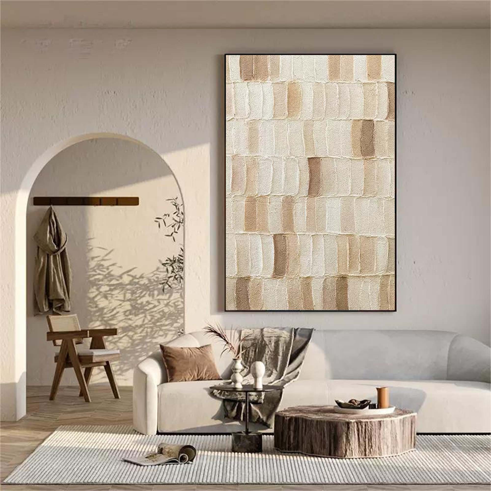 Beige Textured Abstract Geometric Oil Painting on Canvas 307AA