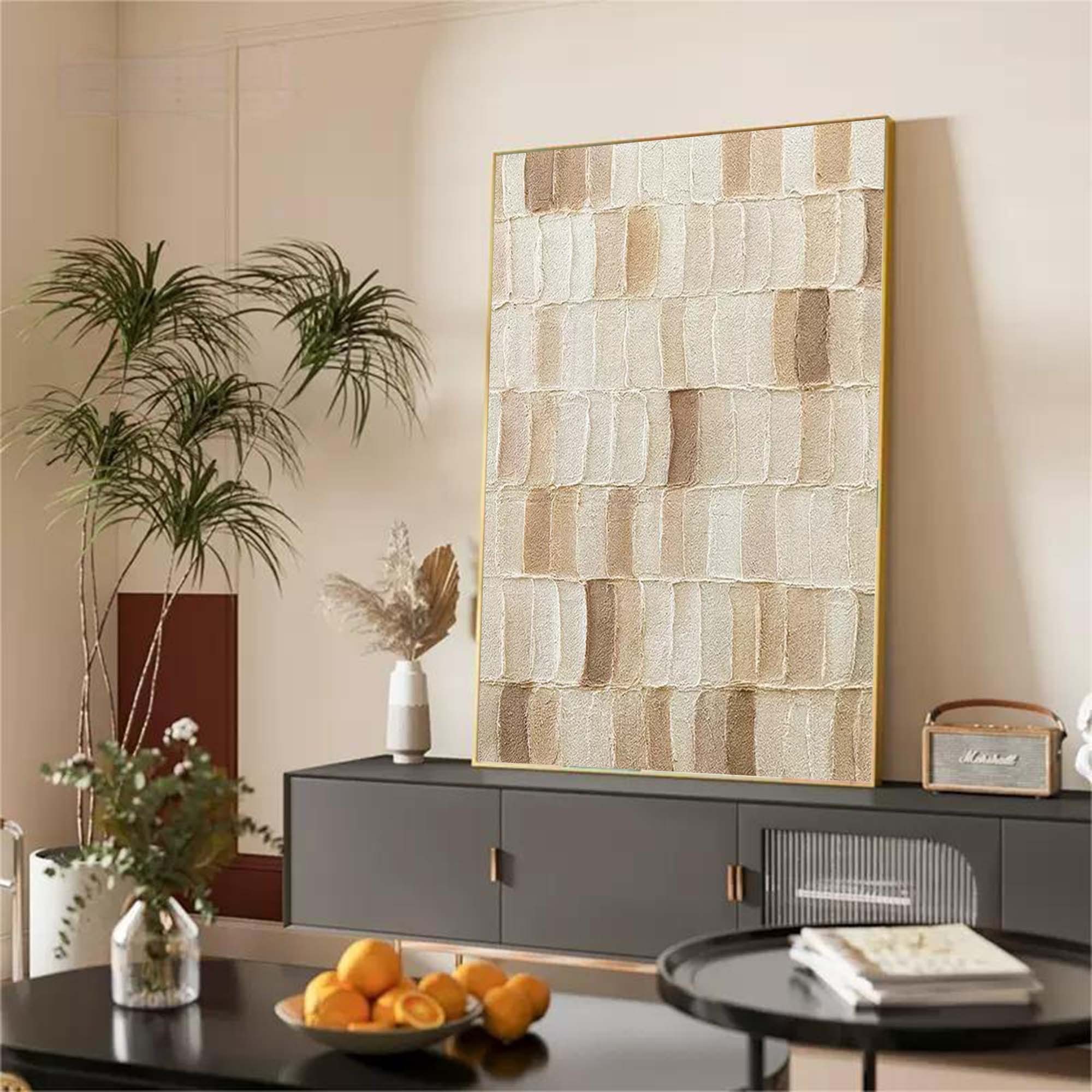Beige Textured Abstract Geometric Oil Painting on Canvas 307AA