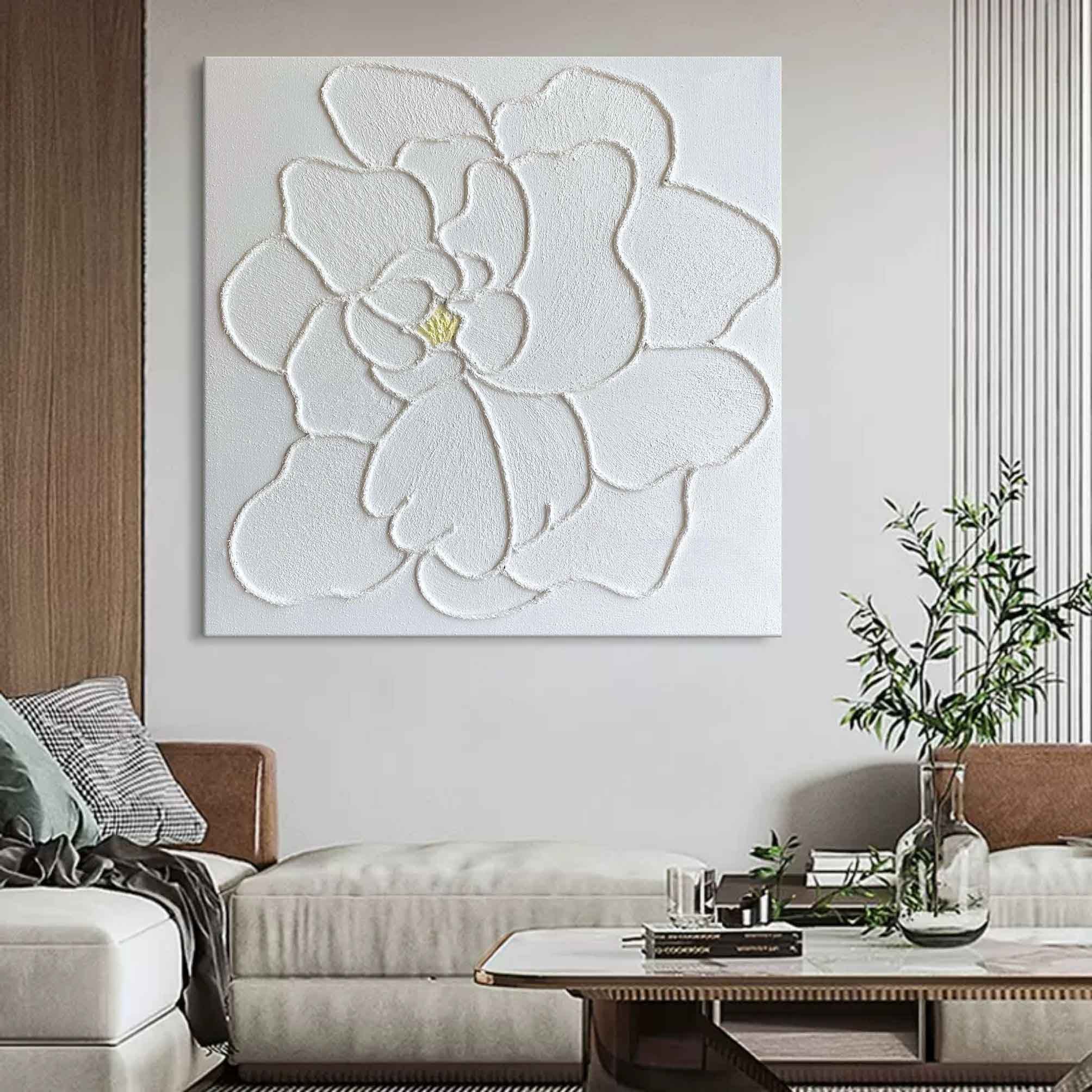 White Textured Floral Abstract Oil Painting on Canvas 297AA
