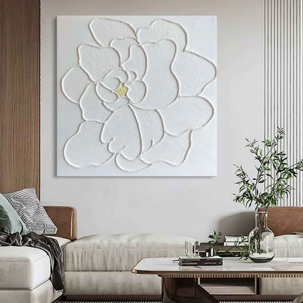 White Textured Floral Abstract Oil Painting on Canvas 297AA